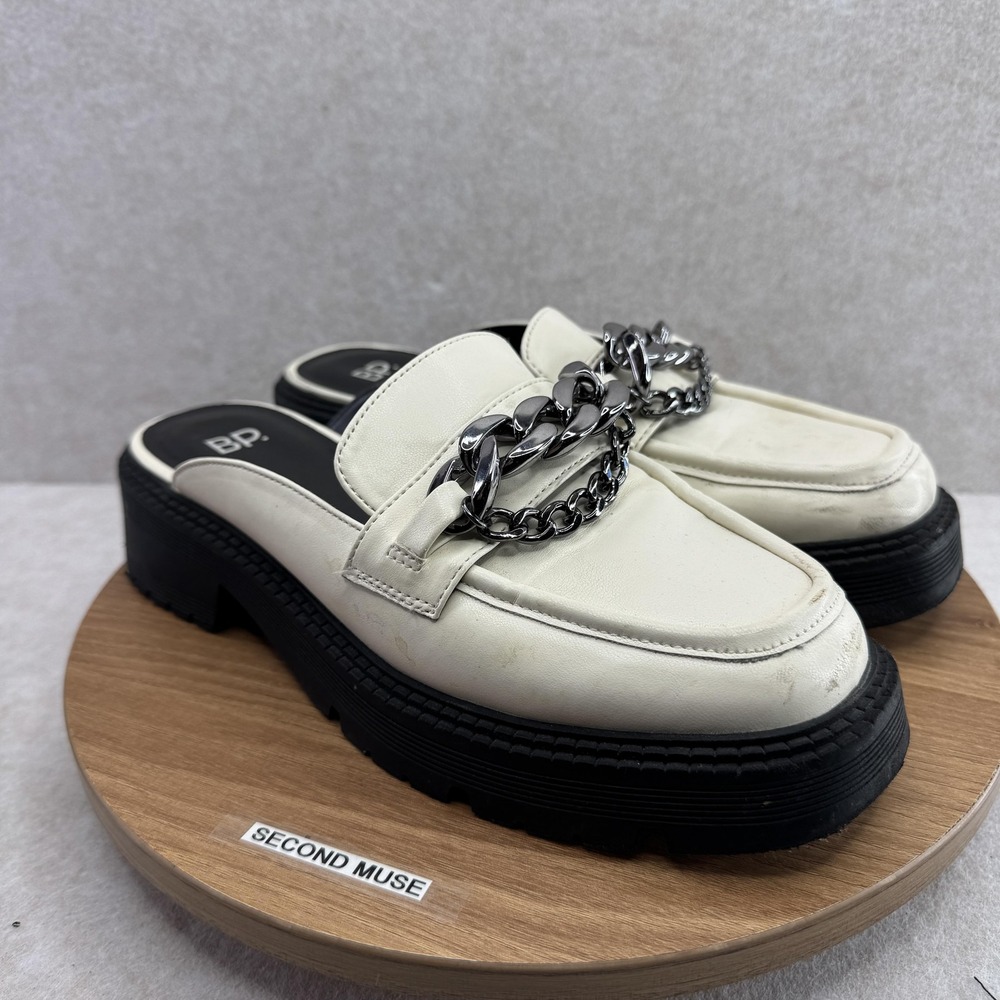 BP. Shoes Womens 9 White Tristan‎ Chain Loafer Mules Slip On Chunky Lug Sole